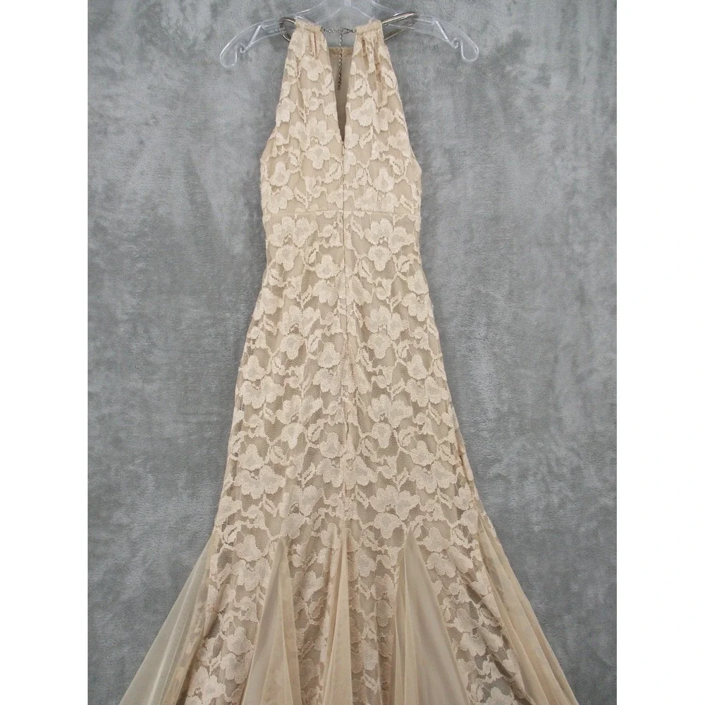 Xscape Dress Womens 4 Sheer Floral  Lace Trumpet Gown Feminine Wedding Lined Tan - Picture 5 of 14